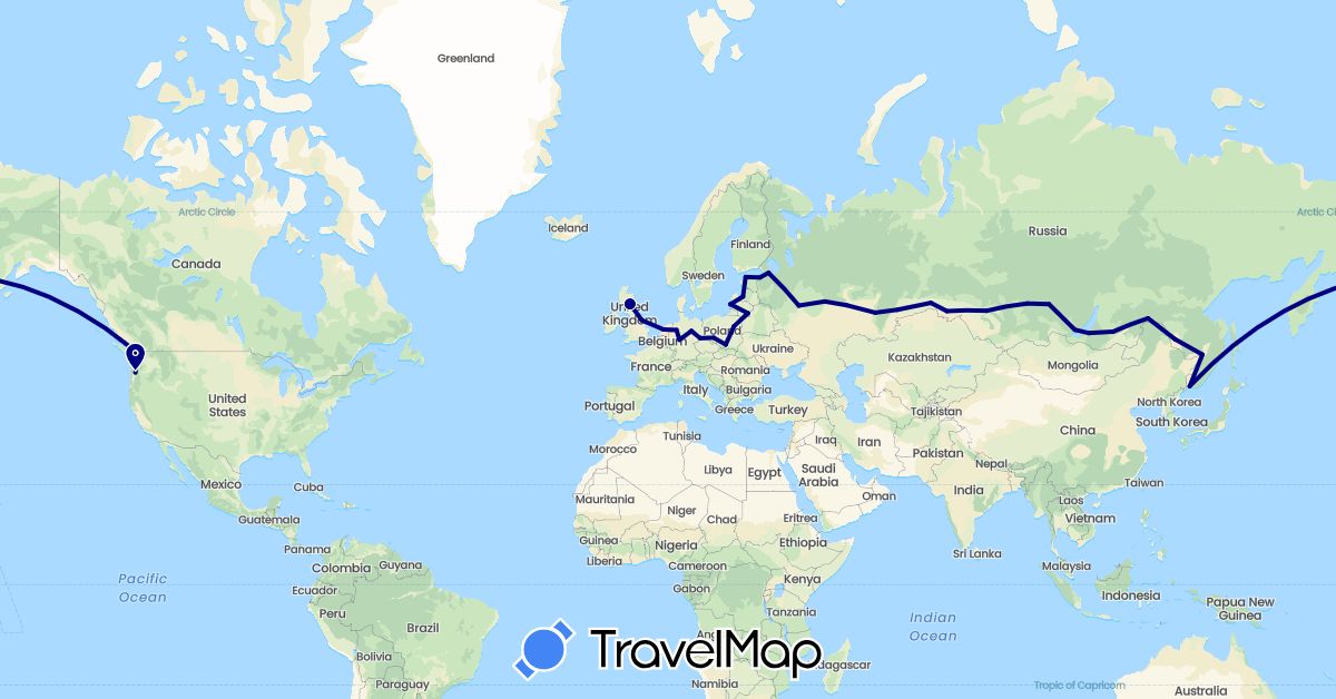 TravelMap itinerary: driving in Canada, Germany, Estonia, United Kingdom, Lithuania, Latvia, Netherlands, Poland, Russia, United States (Europe, North America)